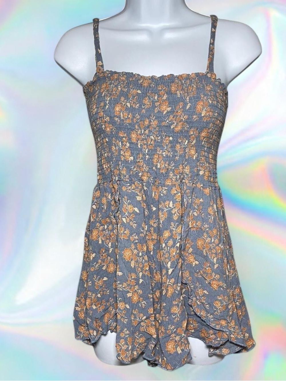 Blue Jay Floral Smocked Romper - Slate and Mustard